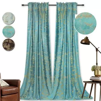 Комплект из 2 непрозрачных бархатных штор, занавеска с золотой лентой с рюшами, бархатные шторы, термошторы, плотные шторы, гостиная, спальня, 132 х 213 см easy home, синий