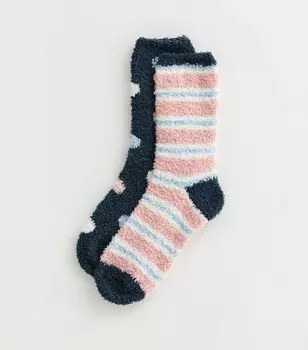 Комплект из 2 однотонных и пятнистых флисовых носков New Look, синий