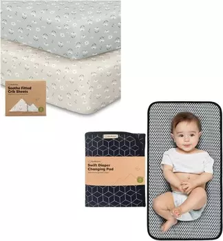 Комплект из 2 органических простыней для детской кроватки Keababies и портативный коврик для пеленания — мягкие и дышащие простыни для детской кроватки для мальчиков и девочек — водонепроницаемый складной коврик для пеленания ребенка