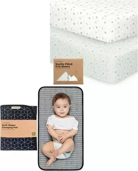 Комплект из 2 органических простыней для детской кроватки Keababies и портативный коврик для пеленания — мягкие и дышащие простыни для детской кроватки для мальчиков и девочек — водонепроницаемый складной коврик для пеленания ребенка
