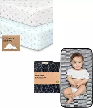 Комплект из 2 органических простыней для детской кроватки Keababies и портативный коврик для пеленания — мягкие и дышащие простыни для детской кроватки для мальчиков и девочек — водонепроницаемый складной коврик для пеленания ребенка