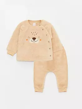 Комплект из 2 плюшевых кардигана и брюк для маленьких мальчиков с круглым вырезом и длинными рукавами LCW baby, бежевый