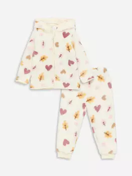 Комплект из 2 плюшевых кардигана и штанов для маленьких девочек с капюшоном и длинными рукавами LCW baby, кремовый принт