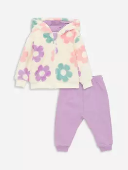 Комплект из 2 плюшевых кардигана и штанов для маленьких девочек с капюшоном и длинными рукавами LCW baby, кремовый принт