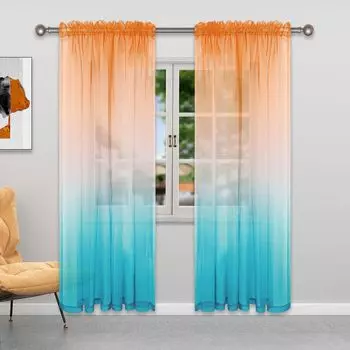 Комплект из 2 полупрозрачных оконных штор омбре, полупрозрачные шторы из пряжи для гостиной и детской комнаты, 132x213см оранжевый Koheim