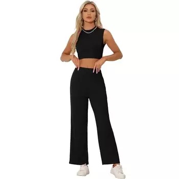 Комплект из 2 предметов без рукавов для женской укороченной майки и широких брюк, повседневный спортивный костюм ALLEGRA K, черный