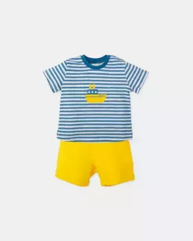 Комплект из 2 предметов из футболки в полоску атлантического синего цвета и желтых шорт-бермуд Tutto Piccolo, синий