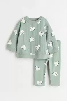 Комплект из 2 предметов из хлопка с набивным рисунком H&amp;M, мятно-зеленый/сердечки
