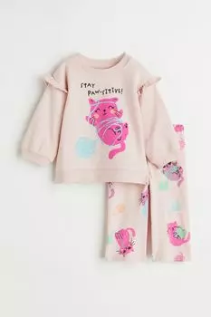 Комплект из 2 предметов из хлопка с набивным рисунком H&amp;M, светло-розовый/кошки