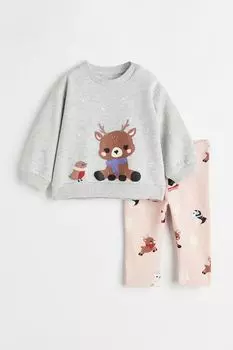 Комплект из 2 предметов из хлопка с набивным рисунком H&amp;M, светло-розовый/зимние животные