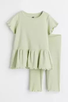 Комплект из 2 предметов из хлопкового трикотажа в рубчик H&amp;M, светло-зеленый