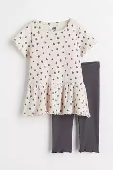 Комплект из 2 предметов из хлопкового трикотажа в рубчик H&M, темно-серый/горошек