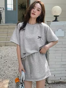 Комплект из 2 предметов: рубашка с короткими рукавами и шорты, летний Женский простой бант с вышитым узором Dazy, серый