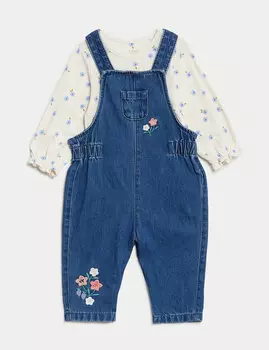 Комплект из 2 предметов с цветочным принтом из чистого хлопка (0–3 года) Marks & Spencer, джинсовый микс