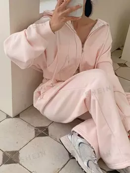Комплект из 2 предметов с капюшоном и брюками-баллонами, однотонные цвета для женщин, осень Dazy, розовый