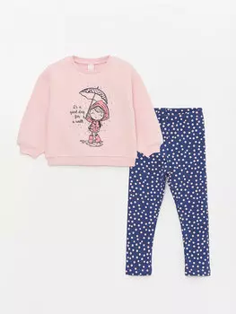 Комплект из 2 предметов: свитшот и колготки для маленьких девочек с круглым вырезом и длинными рукавами с принтом LCW baby, розовый