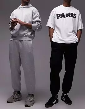 Комплект из 2 премиальных утяжеленных свободных спортивных брюк черного и серого меланжевого цвета Topman