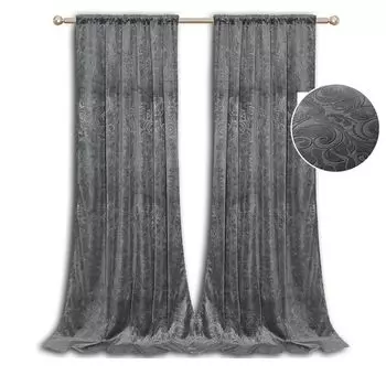 Комплект из 2 штор, непрозрачная лента с рюшами, бархатная штора, тисненый рисунок блэкаут, термоштора, серая, 132 х 260 см, спальня, гостиная, гостиница, ресторан easy home, серый