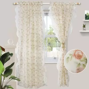 Комплект из 2 штор, полупрозрачные, двойной карниз, цветы, розы, тюль, стиль кантри, Ш 132 х В 213 см, гостиная, спальня easy home
