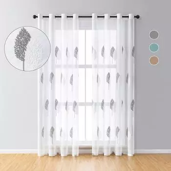 Комплект из 2 штор полупрозрачные люверсы, тюль с вышивкой под лен Ш140xВ245см гостиная спальня ресторан, синие и белые листья easy home