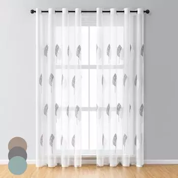 Комплект из 2 штор с вышивкой, тюлевые шторы для гостиной, спальни, прозрачные шторы на люверсах, белые, 140 х 260 см Qelus, серый