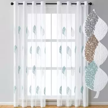 Комплект из 2 штор с вышивкой в виде листьев. Прозрачные шторы с люверсами для украшения гостиной. Шторы-вуали с синими и белыми листьями 140 x 245 см. Koheim