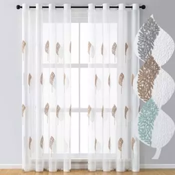 Комплект из 2 штор с вышивкой в виде листьев. Прозрачные шторы с люверсами для украшения гостиной. Шторы-вуали с серыми и белыми листьями 140 x 225 см. Koheim