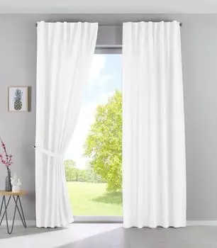 Комплект из 2 штор со скрытыми петлями Cationic »JENA« В x Ш 250x300 см белые непрозрачные шторы под лен пестрая шторная лента с подхватами, 2019037-2 Astek, белый