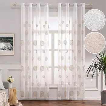 Комплект из 2 штор-вуалей с вышивкой для гостиной, спальни, прозрачные шторы с люверсами, бежевые, 140 x 260 см Koheim