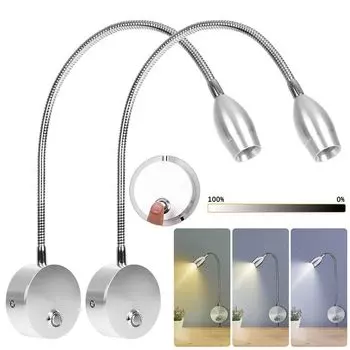 Комплект из 2 светодиодных настенных светильников, гибкий кронштейн для лампы, регулировка яркости, лампа для чтения, 3 цвета света, функция памяти, настенный светильник, сенсорный переключатель USB, ночник 3 Вт, серебристый lapamax, серебро