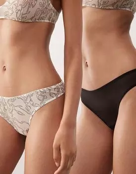 Комплект из 2 трусиков-стрингов Weekday из сетчатого кружева, бежевого и черного цветов