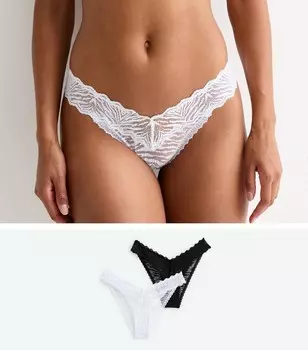 Комплект из 2 трусов-танга из зебрового кружева с V-образным вырезом New Look, черный