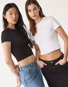Комплект из 2 укороченных хлопковых футболок Stradivarius черного и белого цветов