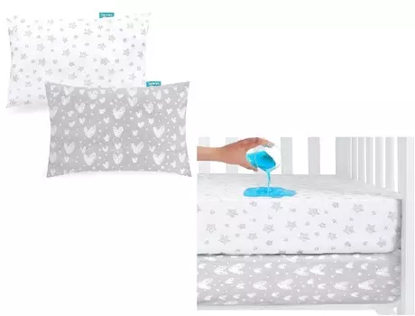 Комплект из 2 водонепроницаемых наматрасников для кроватки и 2 наволочек для малышей, 100% хлопок, ультрамягкие и дышащие для мальчиков и девочек, бело-серый принт со звездами Biloban, White
