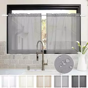 Комплект из 2 водонепроницаемых полупрозрачных штор, короткая льняная штора с двойным карнизом для кухни, кафе, ресторана, спальни, ширина 85 х высота 76 см, цвет хаки easy home, серый