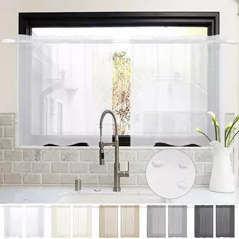 Комплект из 2 водонепроницаемых полупрозрачных штор, короткая льняная штора с двойным карнизом для кухни, кафе, ресторана, спальни, Ш 85 x В 76 см, белый easy home