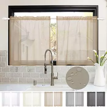 Комплект из 2 водонепроницаемых полупрозрачных штор, короткая льняная двойная карнизная штора, для кухни, кафе, ресторана, спальни, Ш 85 x В 61 см, темно-серый easy home