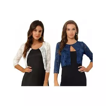 Комплект из 2 женских элегантных прозрачных кружевных топов с цветочным принтом, укороченных кардиганов-болеро ALLEGRA K, цвет White Navy Blue