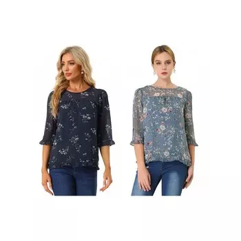 Комплект из 2 женских повседневных шифоновых блузок с рюшами и рукавами 3/4 с цветочным принтом ALLEGRA K, цвет Grey Blue Navy Blue