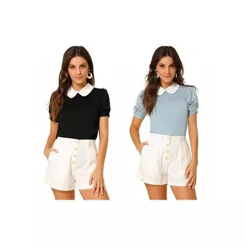 Комплект из 2 женских винтажных блузок с контрастным воротником Питера Пэна и короткими рукавами, топы ALLEGRA K, цвет Black Blue