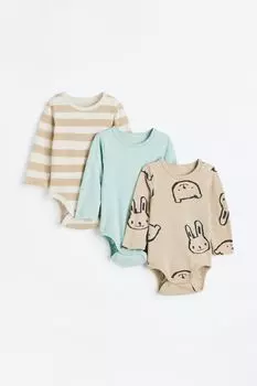 Комплект из 3 боди с длинными рукавами H&amp;M, бежевый/светло-бирюзовый