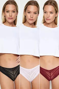 Комплект из 3 бразильских трусиков из полиамида черно-бело-бордового красного цвета Trendyol, разноцветный