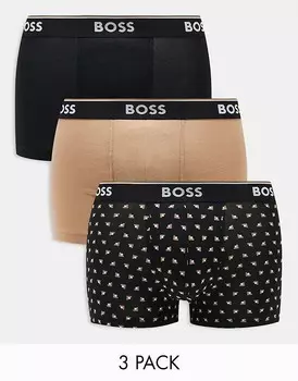 Комплект из 3 черных трусов BOSS Bodywear Power с дизайнерским принтом