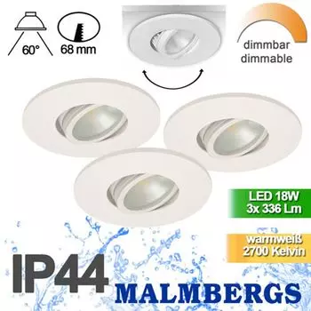 Комплект из 3-х светодиодных встраиваемых точечных светильников с регулируемой яркостью, поворотных, белого цвета, 18 Вт, IP44. Malmbergs