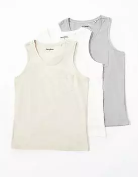 Комплект из 3 маек-топов из потертого материала серого, бежевого и кремового цветов с нагрудным карманом Threadbare