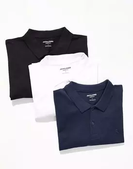 Комплект из 3 облегающих поло из пике Jack & Jones черного, белого и темно-синего цветов
