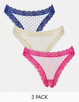 Комплект из 3 пар стрингов из сетки в горошек ASOS DESIGN розового, синего и светло-желтого цветов