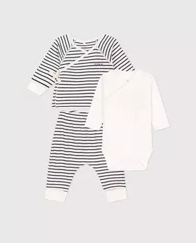 Комплект из 3 предметов из детского хлопка в полоску Petit Bateau, белый