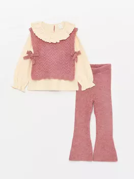 Комплект из 3 предметов: свитер, блузка и брюки для девочки с круглым вырезом и узором LCW baby