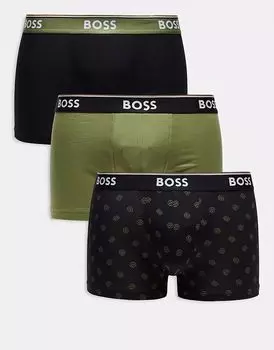 Комплект из 3 трусов-боксеров Boss Bodywear Power черного, зеленого цвета и с принтом по всей поверхности BOSS Orange